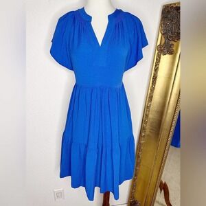Calvin Klein Royal Blue Collared Ruffle Tiered Layered Gauze Self-Tie Dress